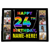 24誕生日：レインボー文字カスタム、写真&名前 ラージペーパーバッグ (正面)