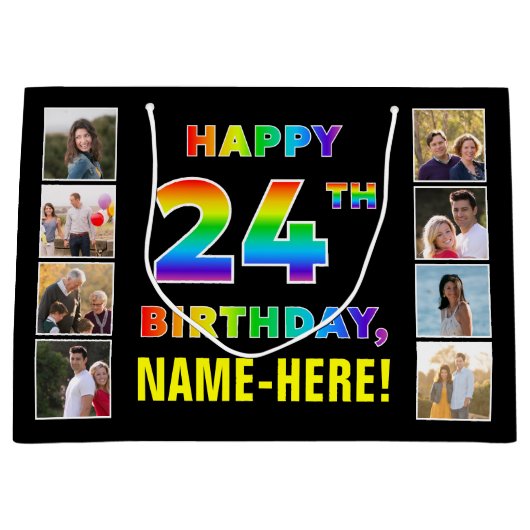 24誕生日：レインボー文字カスタム、写真&名前 ラージペーパーバッグ (正面)
