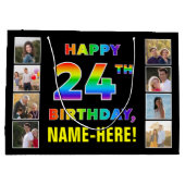 24誕生日：レインボー文字カスタム、写真&名前 ラージペーパーバッグ (裏面)