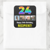 24誕生日:レインボー「24」、写真カスタムと名前 スクエアシール (バッグ)