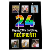 24誕生日:レインボー「24」、写真カスタムと名前 ミディアムペーパーバッグ (裏面)