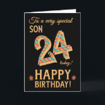 24誕生日、Son、Blackに金ゴールド効果 カード<br><div class="desc">非常に特殊な息子用のシック24誕生日カードで、数字24、金ゴールド効果の輪郭を持つ明るいモザイク模様で、全ての文字が金ゴールド効果レタリング(金属ではない絵を描)になっています。明るい赤と金ゴールド効果の星が、ジュディ・アダムソンのこの印象的なデジタルデザインの「ハッピーバースデー」の横にある。変えられる内容は「愛を持って」だ。</div>