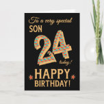 24誕生日、Son、Blackに金ゴールド効果 カード<br><div class="desc">非常に特殊な息子用のシック24誕生日カードで、数字24、金ゴールド効果の輪郭を持つ明るいモザイク模様で、全ての文字が金ゴールド効果レタリング(金属ではない絵を描)になっています。明るい赤と金ゴールド効果の星が、ジュディ・アダムソンのこの印象的なデジタルデザインの「ハッピーバースデー」の横にある。変えられる内容は「愛を持って」だ。</div>