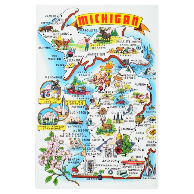 24 x 36 Michigan Postcard Map メタルプリント (正面)