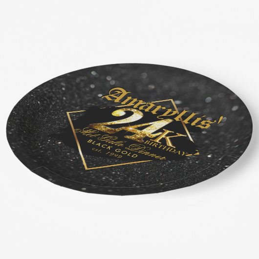 24Kブラックグリッター&金ゴールドエレガント誕生日 ペーパープレート (アングル)