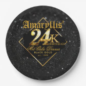 24Kブラックグリッター&金ゴールドエレガント誕生日 ペーパープレート (正面)