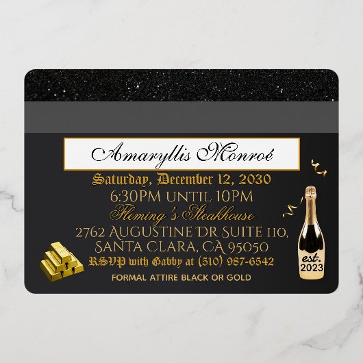 24K ブラック&ゴールドのクレジットカードスタイルの招待状 箔シーズンカード (裏面)