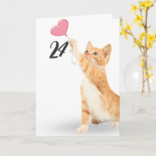 24th誕生日のタビー猫とハートバルーン カード (黄色い花)