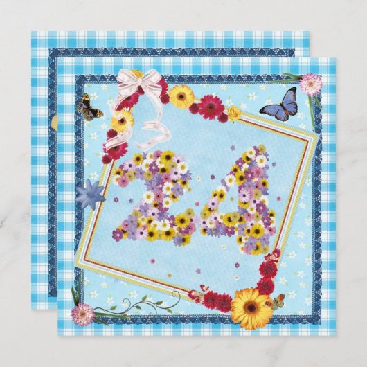 24th誕生日パーティー招待の花、蝶 招待状 (正面/裏面)