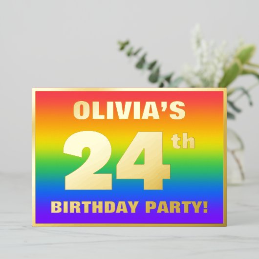 24th誕生日パーティー：おもしろいカラフル、レインボーパターン 箔招待状 (立ち正面)