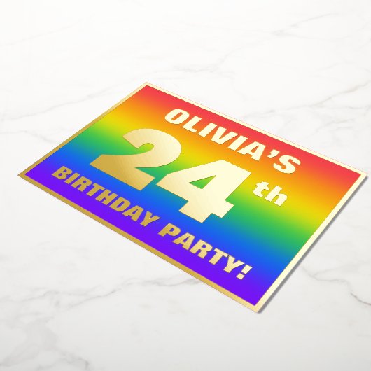 24th誕生日パーティー：おもしろいカラフル、レインボーパターン 箔招待状 (回転した状態)