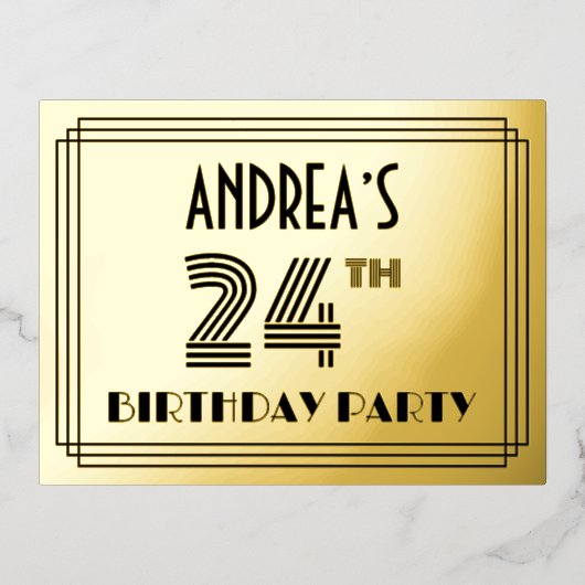 24th誕生日パーティー～アールデコスタイル"24" +名前 箔招待状ポストカード (正面)