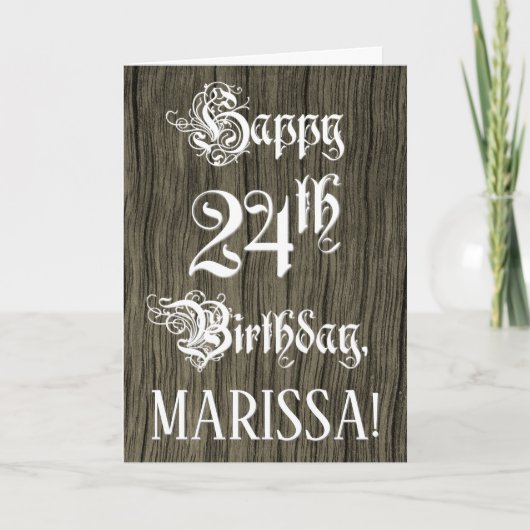 24th Birthday: Fancy, Elegant Text; Faux Wood Look カード (正面)