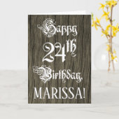24th Birthday: Fancy, Elegant Text; Faux Wood Look カード (黄色い花)