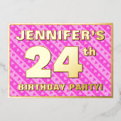 24th Birthday Party —おもしろいピンクハートとストライプ 箔招待状 (正面)