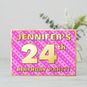 24th Birthday Party —おもしろいピンクハートとストライプ 箔招待状 (立ち正面)
