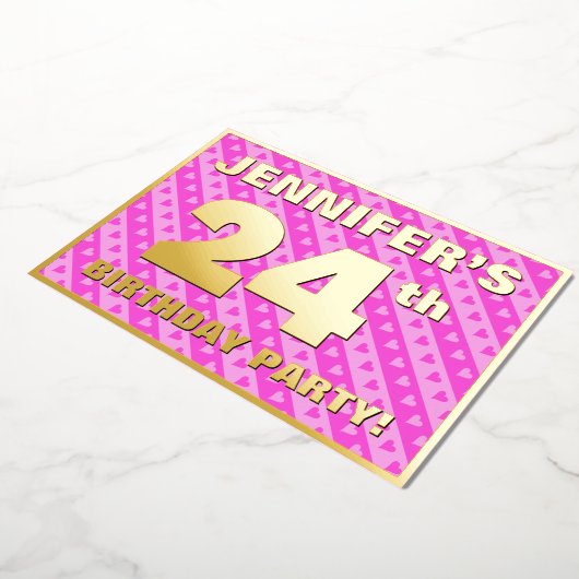 24th Birthday Party —おもしろいピンクハートとストライプ 箔招待状 (回転した状態)