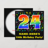 24th Birthday Party:おもしろいミュージックシンボルRainbow 24 招待状 (正面/裏面)
