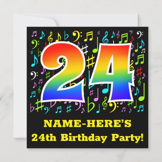 24th Birthday Party:おもしろいミュージックシンボルRainbow 24 招待状 (正面)
