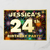 24th Birthday Party —おもしろい、カラフルFireworks Look 箔招待状 (正面)