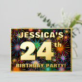 24th Birthday Party —おもしろい、カラフルFireworks Look 箔招待状 (立ち正面)