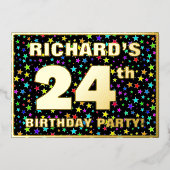 24th Birthday Party —おもしろい、スターカラフルズ・パターン 箔招待状 (正面)