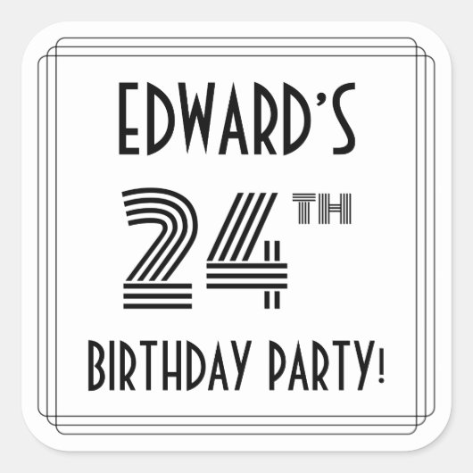 24th Birthday Party:アールデコスタイル+名前をカスタムする スクエアシール (正面)