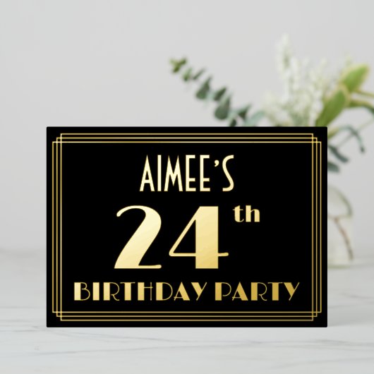 24th Birthday Party:アールデコルック"24"、名前 箔招待状 (立ち正面)