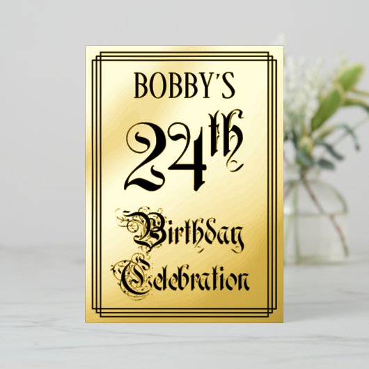 24th Birthday Party – スクリプエレガントト+名前をカスタムする 箔招待状 (立ち正面)