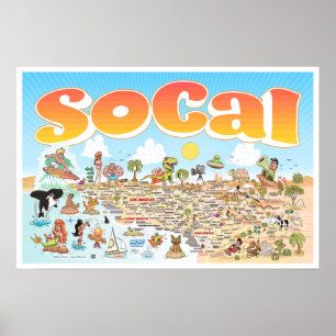 24X16 Southern California Cartoon Mapポスター ポスター