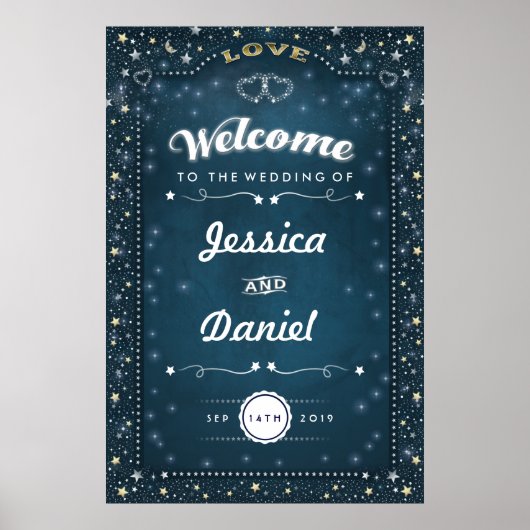 24x36結婚ティール（緑がかった色）金ゴールドハートと星へようこそ ポスター (正面)