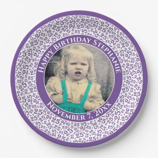 25あなたの写真の乱数パターン紫/白 ペーパープレート (正面)