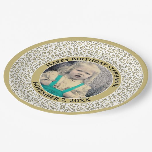 25あなたの写真の乱数パターン金ゴールド/白 ペーパープレート (アングル)