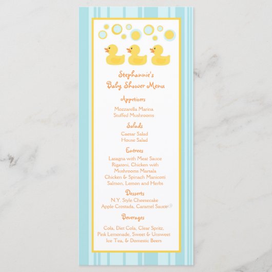 25のメニューカードゴム製ダッキーの泡 メニュー (正面)