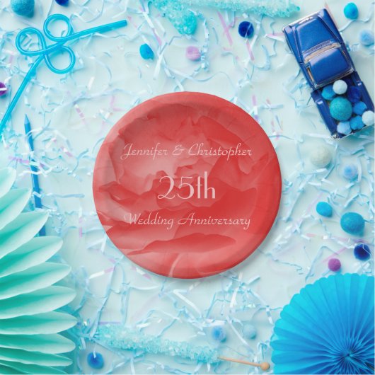 25エレガント周年記念コーラルピンク結婚ローズ ペーパープレート (パーティー)