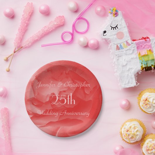 25エレガント周年記念コーラルピンク結婚ローズ ペーパープレート (パーティー)