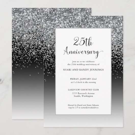 25エレガントth Silver Sparkle 結婚's Anniversary 招待状 (正面/裏面)