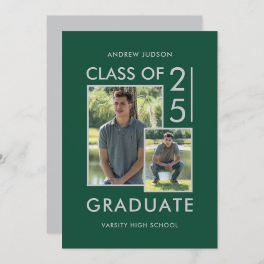 25グリーンモダンシルバー2フォトオープンハウスのクラス 招待状 (正面/裏面)