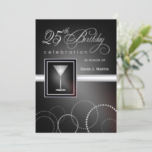 25バースデーパーティ招待状-黒と銀 招待状 (スタンド正面)