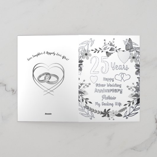 25パーソナライズされた周年記念フローラとシルバー 箔グリーティングカード (外側レイダウン)