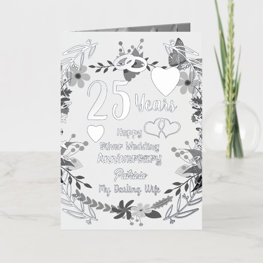 25パーソナライズされた周年記念フローラとシルバー 箔グリーティングカード (正面)
