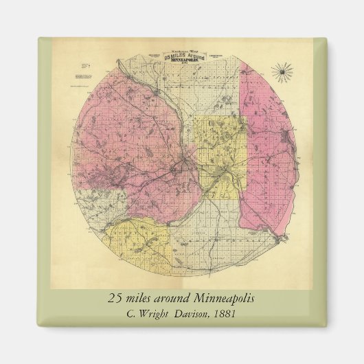 25マイルのまわりにミネアポリス – 1881マップ マグネット (正面)