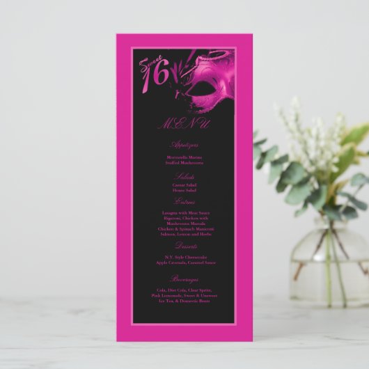 25メニューカード菓子16のショッキングピンクの黒のパーティー メニュー (スタンド正面)