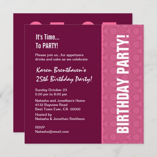 25位の誕生日モダンワインとピンクの柄 招待状 (正面/裏面)