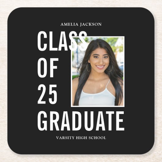 25写真卒業パーティーの白黒クラス スクエアペーパーコースター (正面)