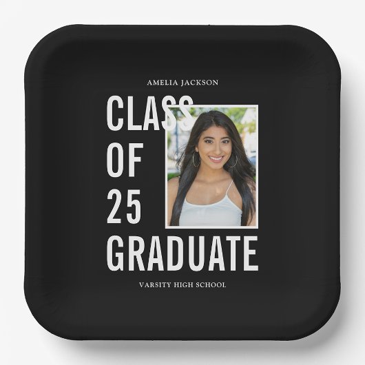 25写真卒業パーティーの白黒クラス ペーパープレート