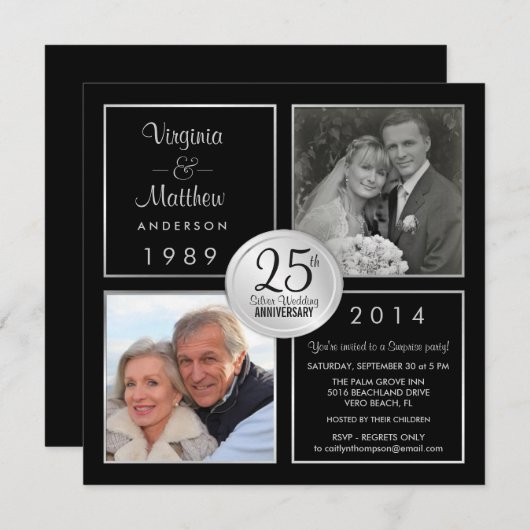 25周年シルバーの結婚記念日サプライズパーティー 招待状 (正面/裏面)