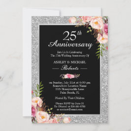 25周年シルバーの結婚記念日 エレガントな花 招待状