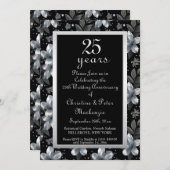25周年シルバーグリッター花モチーフの結婚記念日 招待状 (正面/裏面)