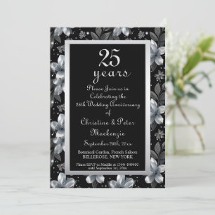 25周年シルバーグリッター花モチーフの結婚記念日 招待状